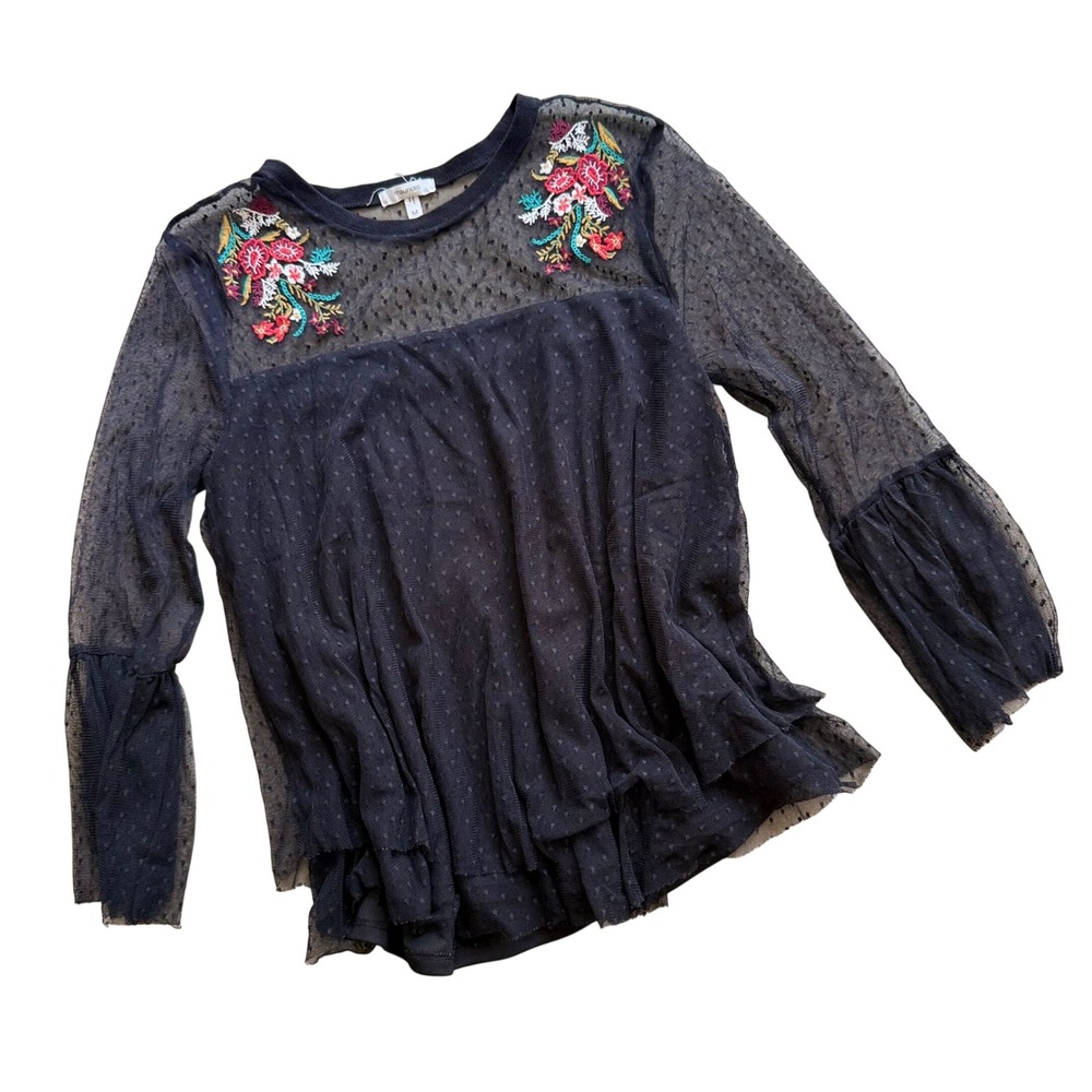 Black Embroidered floral Mesh top Womens Medium Whimsigoth fairy Cottagecore y2k
